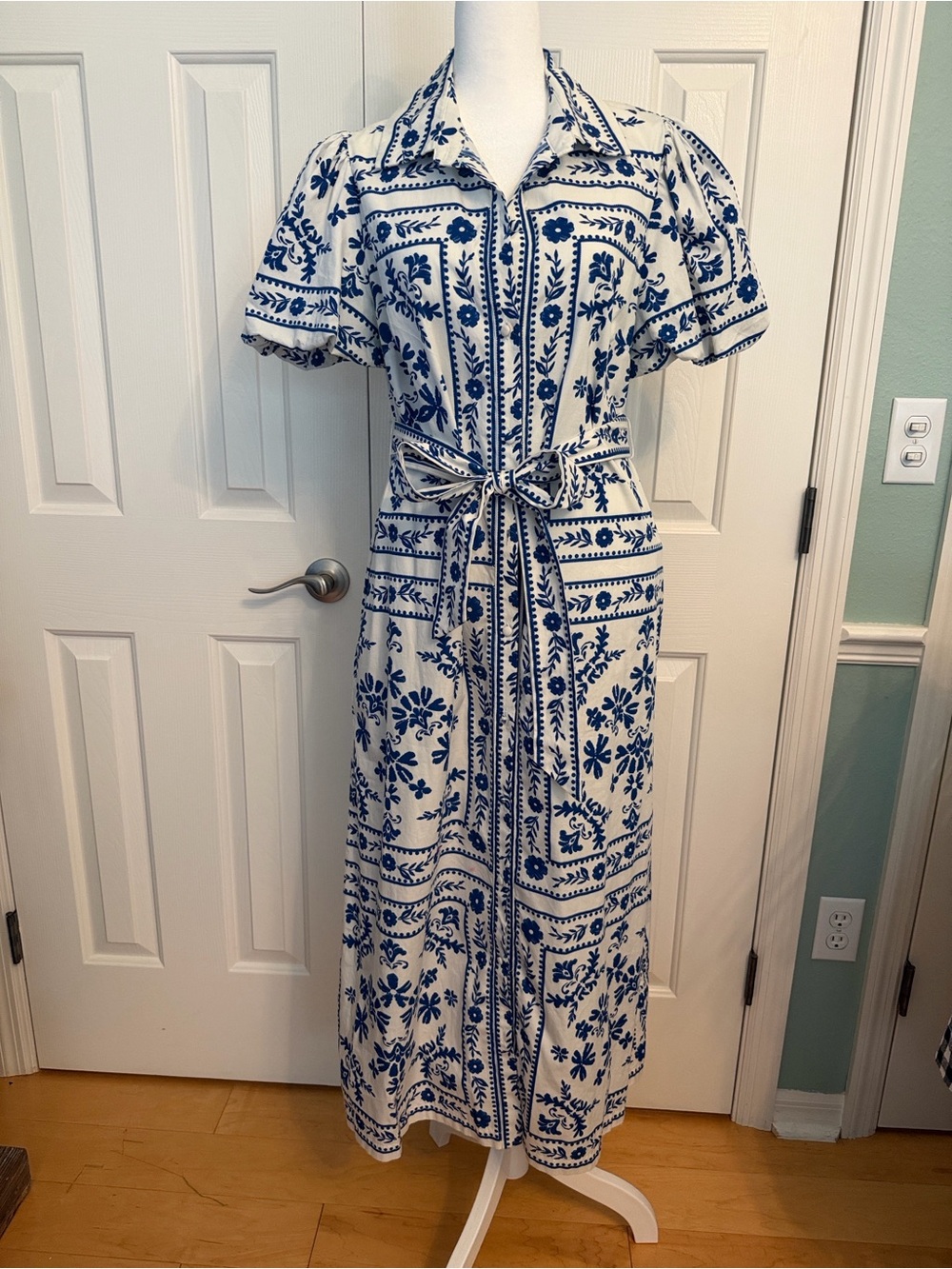 CAbi Blue and White Daydream Maxi Shirt Dress with Tie Waist